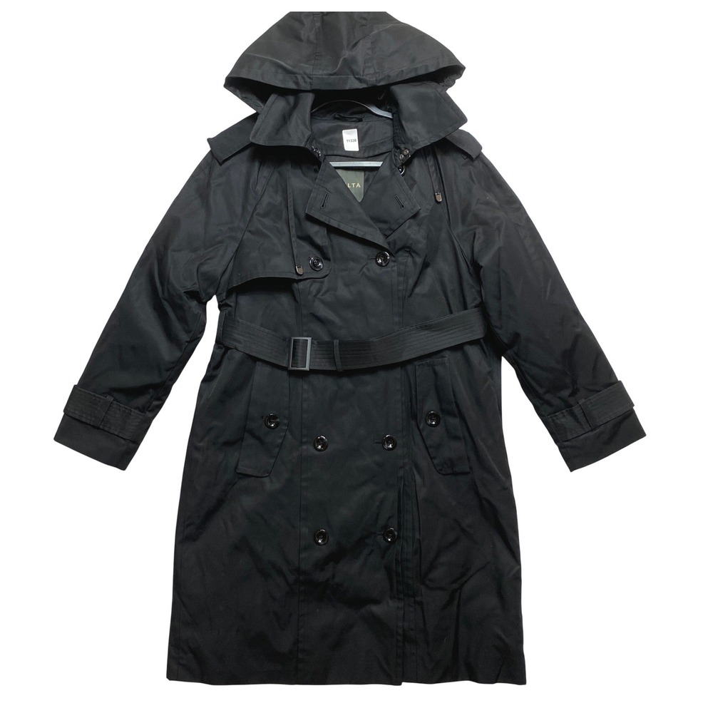 Delta Trench Coat Womens S Petite Black Hooded Belted Removable Liner RN 121545